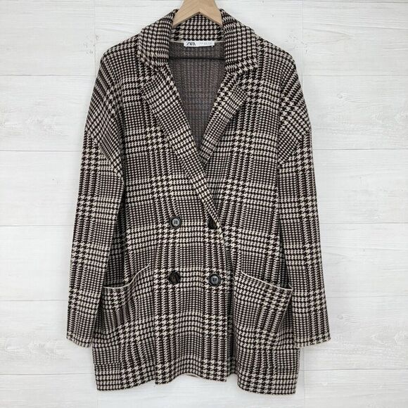 Zara Houndstooth Double Breasted Oversized Knit Sweater Blazer Jacket Size M - Picture 2 of 16
